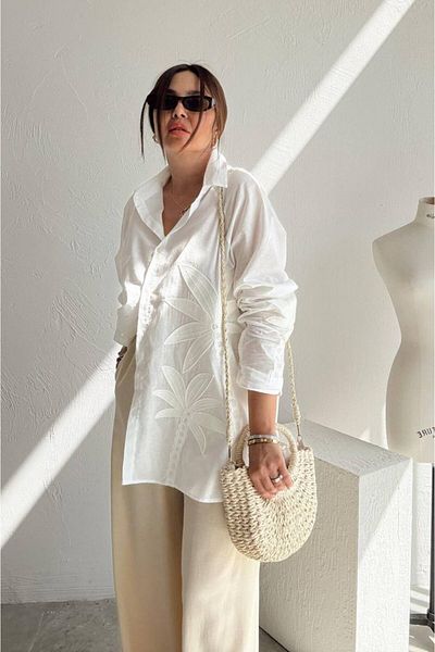 GÜLDEN KATRAN Women's Palm Embroidery Embroidered White Shirt