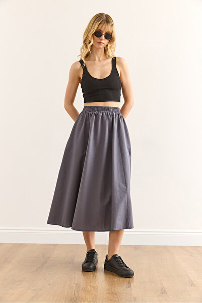 Olalook Women's Smoked Pocket Elastic Waist Midi Woven Bell Skirt Etk-19000271