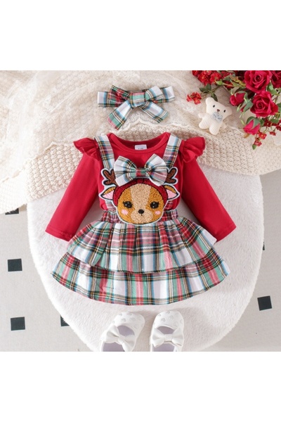 Superbaby Sarafan cu body visiniu maneca lunga - Baby Reindeer