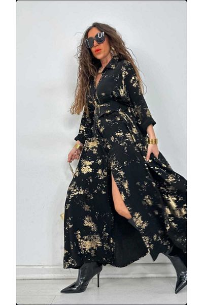 QUAWEAR Shirt Collar Buckle Belted Gold Foil Printed Viscon Fabric Full Length Dress