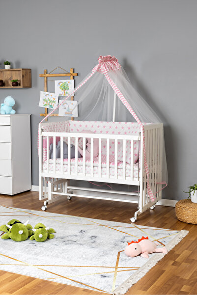 Bamgidoo Anne Yanı Bebek Beşik Doğal Beşik 70x130-pembe Yıldız 3 Yastıklı Uyku Seti Yataklı Tekerlekli