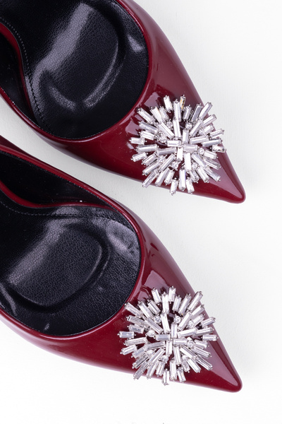 Tasarım Pantofi din piele lăcuită bordeaux, eleganți, cu toc subțire, cu vârf ascuțit, pantofi stiletto de seară