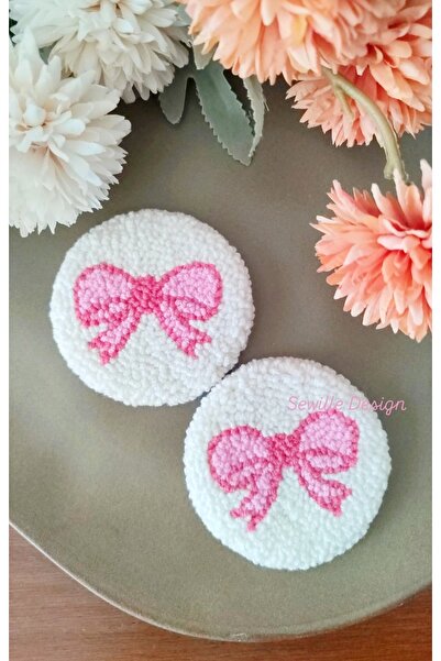 Sewille Design Hand Made Punch Işlemeli Pembe Fiyonk Araba Bardak Altlığı 7 Cm 2'li,araç Içi Aksesuarı