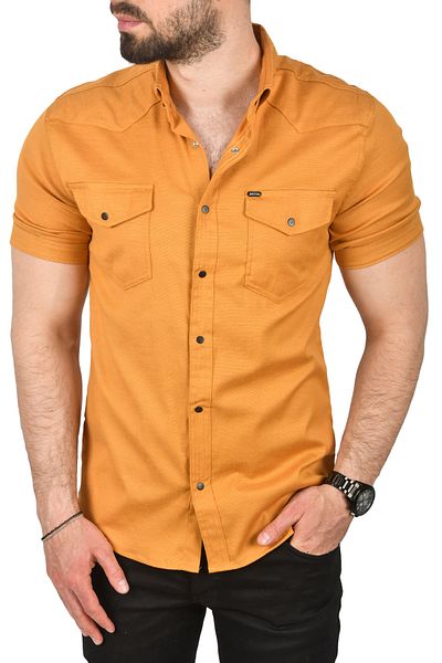 DeepSEA Ανδρικό μουσταρδί κίτρινο Slim Fit βαμβακερό κοντομάνικο πουκάμισο με εύκολο σιδέρωμα με τσέπες με κούμπωμα αθλητικά