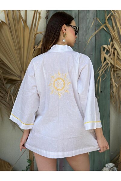 NUNE Beyaz Keten Karışımlı Sarı Nakış Işleme Bağlamalı Plaj Kimono