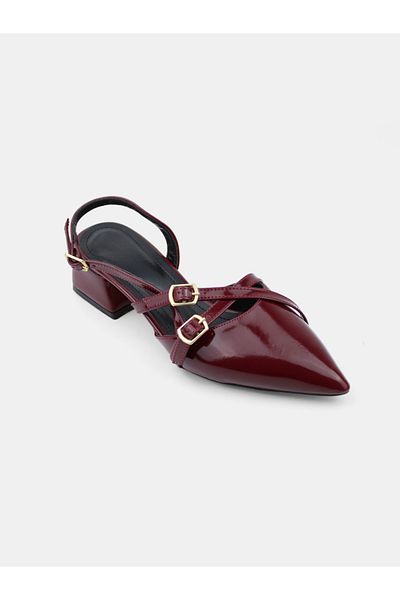 MAGGIO Burgundy Back and Side Open Pointed Toe Short Heel Daily Ballerina Women's Heeled Shoes