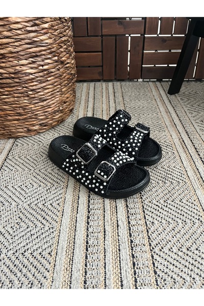 Behtah Kundura Simli Taşlı Ortopedik Yumuşak Tabanlı Konfor Modeli Terlik Çift Tokalı BRK Günlük Rahat Terlik