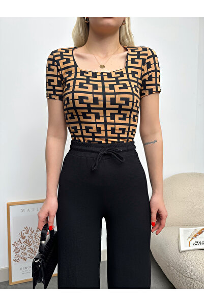 peralist Γυναικεία μπλούζα με τετράγωνο λαιμό με μακρύ μανίκι με σχέδιο βιζόν...