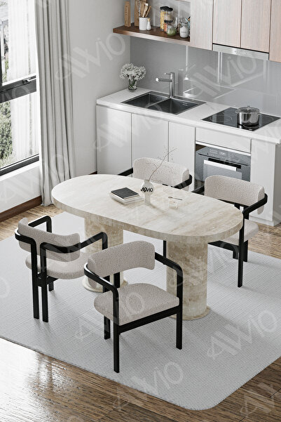 AVVİO Traverten 80X 140 Yemek Masası Mutfak Masası 4 Kişilik Masa Sandalye Takımı