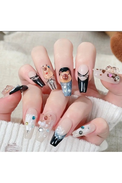 PİRAYE AKSESUAR 10'lu Protez Jel Tırnak Ayıcık Charmlı ve Taşlı Orta Boy Coff...