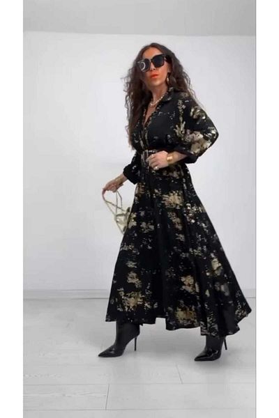 QUAWEAR Shirt Collar Buckle Belted Gold Foil Printed Viscon Fabric Full Length Dress