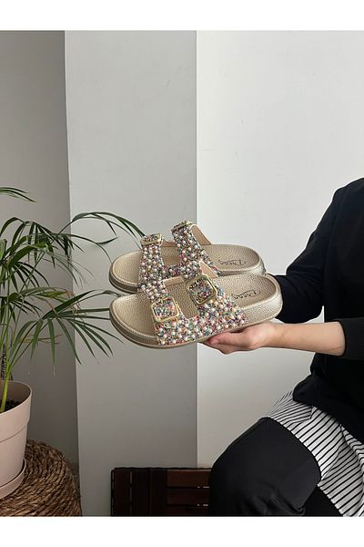Behtah Kundura Glitter Stone Ορθοπεδική Μαλακή Σόλα Comfort Μοντέλο Παντόφλες Διπλή Πόρπη BRK Καθημερινές Άνετες Παντόφλες