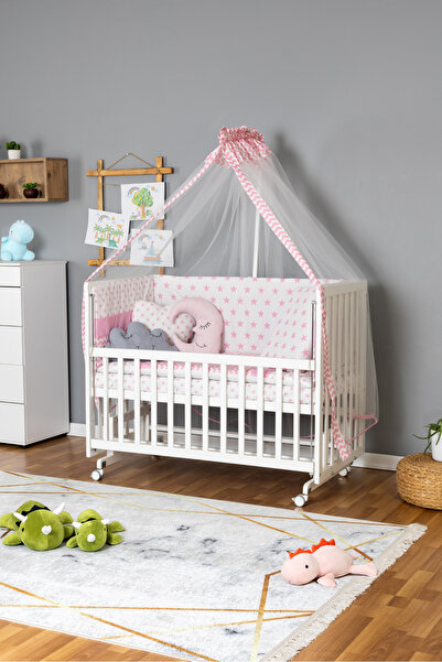 Bamgidoo Anne Yanı Bebek Beşik Doğal Beşik 70x130-pembe Yıldız 3 Yastıklı Uyku Seti Yataklı Tekerlekli