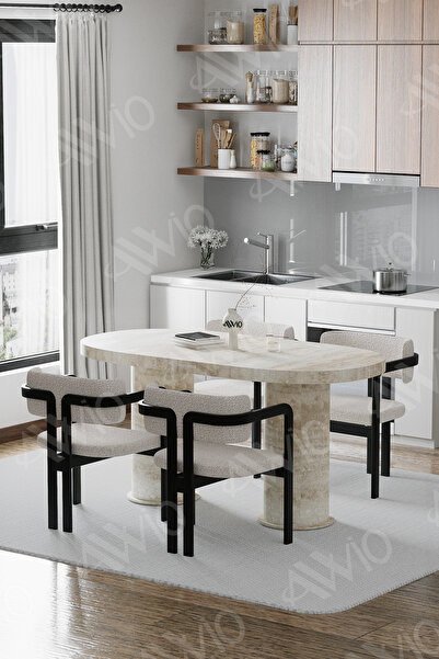 AVVİO Traverten 80X 140 Yemek Masası Mutfak Masası 4 Kişilik Masa Sandalye Takımı