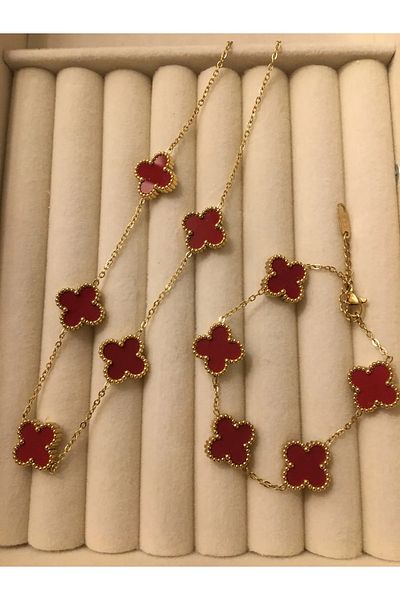 ANGELSS JEWELLERY Claret Red Clover Model Necklace and Bracelet Set of 2 (Clover Claret Red Necklace Bracelet Set)