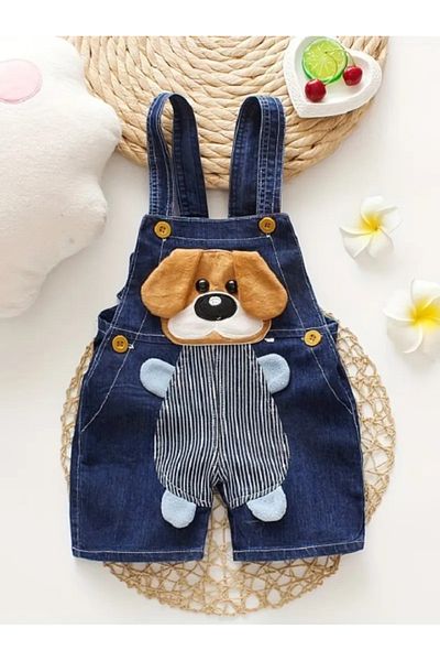 Superbaby Salopeta blugi pentru baieti cu un catelus simpatic aplicat