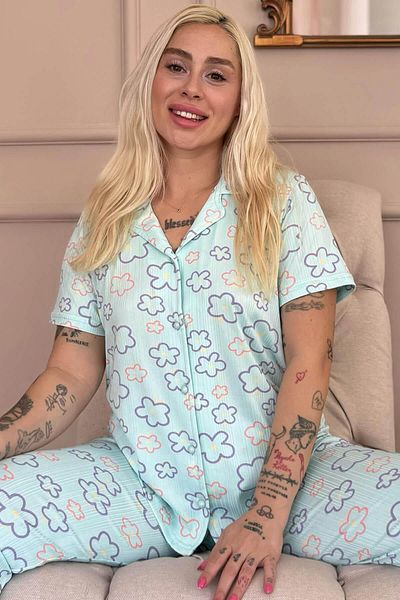 Pijamaevi Blaue Linie Blumenmuster gestrickt kurze Ärmel Damen Pyjama Set mit Knopfverschluss vorne