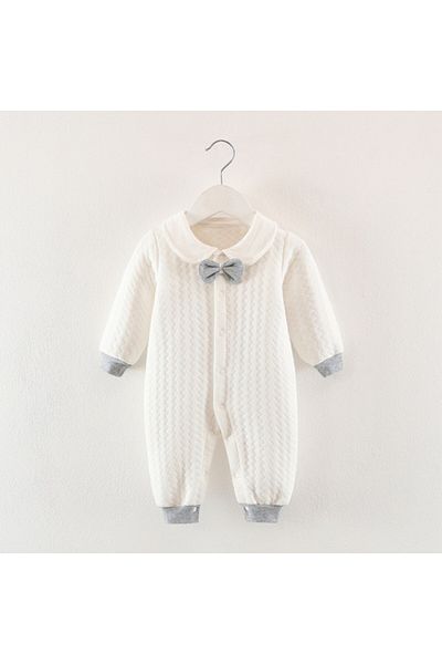 Superbaby Salopeta eleganta alba cu papion gri