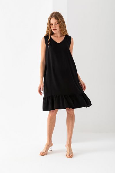 EtkiModa Women's Black Skirt Ruffled Sleeveless V-Neck Viscose Woven Dress