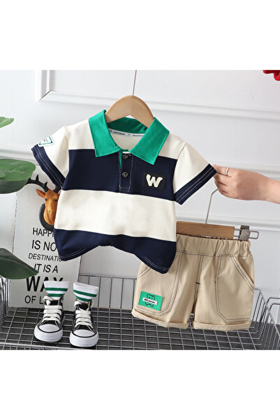 Superbaby Αγορίστικο κοστούμι με μπλουζάκι πόλο με ρίγες σε μπλε και ιβουάρ χ...