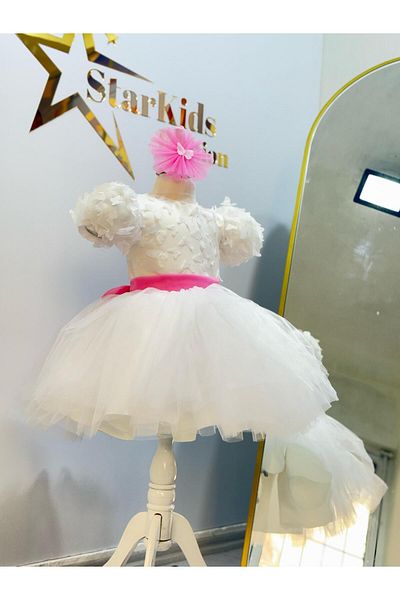 Star Kids Κοριτσίστικο φόρεμα με μπαλόνι με μανίκια λευκή πεταλούδα, κοριτσίστικο λευκό βραδινό φόρεμα, φόρεμα γιορτής
