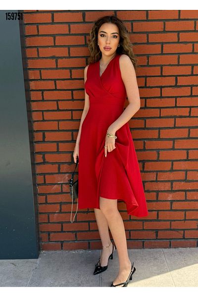 JANES Women's Red Summer Casual Dress – Stylish Model with Double Breasted Collar, Sleeveless and Flared Cut