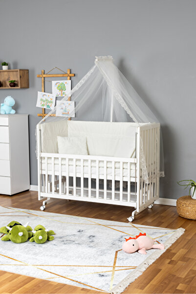 Bamgidoo Ahşap Beşik Anne Yanı Bebek Beşik Beyaz 70x130 - Krem Güpür Uyku Seti Yataklı Tekerlekli