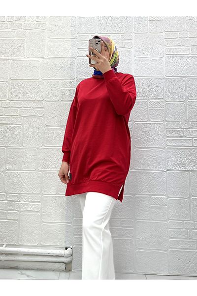 Zeynep Butik القطن العضوي الناعم الرقبة طاقم الركبة أعلى مريحة الأكمام مطاطا الحجاب تونك 30644 126