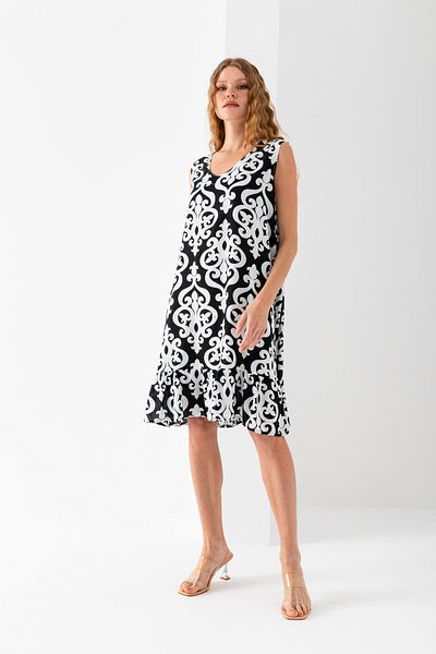 EtkiModa Women's Black and White Skirt Ruffled Sleeveless V-Neck Viscose Woven Dress