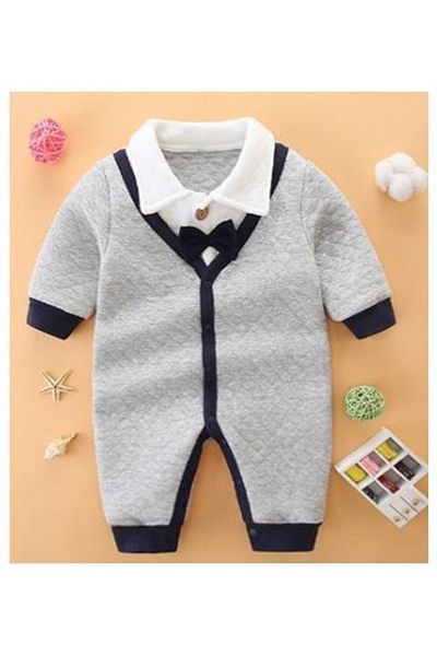 Superbaby Elegant gray jumpsuit with navy blue bow tie