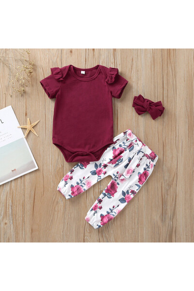 Superbaby Compleu pentru fetite cu body visiniu cu maneca scurta