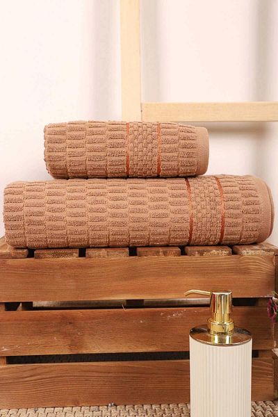 Mira Home 2 Piece Bath Towel Set 100% Cotton Swab Pattern Brown