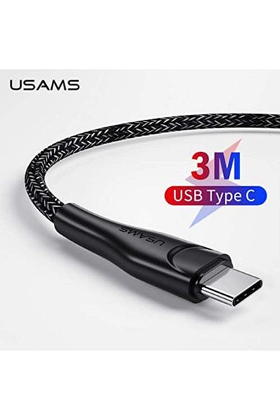 Usams Charging and Data Transfer Cable, Braided USB-C, 3 Meters, Black