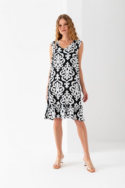 EtkiModa Women's Black and White Skirt Ruffled Sleeveless V-Neck Viscose Woven Dress