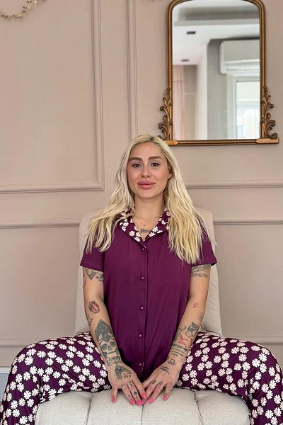 Pijamaevi Purple Daisy Exclusive Front Buttoned Women's Pajama Set