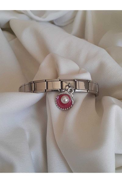 bijoux uniques Steel Italian Charm Bracelet with Pink Oyster Figure