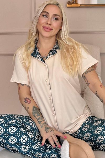 Pijamaevi Beige Floral Harmony Exclusive Front Buttoned Women's Pajama Set