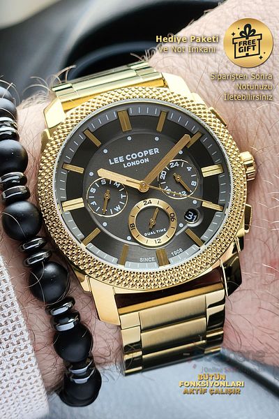 Lee Cooper Original Lee Cooper Gray Dial Gold Gold Steel Band Function Men's Wristwatch with Calendar