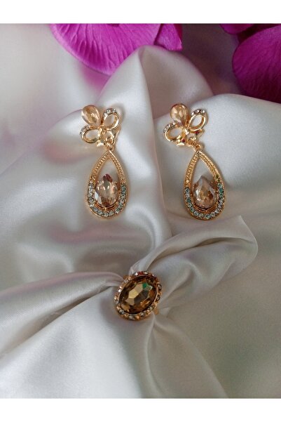 Pervin Ablacım Evening Dress Ring and Earrings with Gold Stones