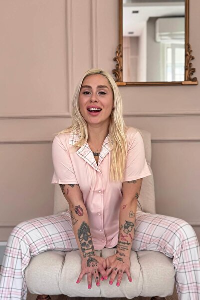 Pijamaevi Σετ γυναικείες πιτζάμες με μπροστινό κουμπί με μαλακό καρό σε σκόνη