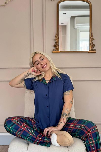 Pijamaevi Navy Tartan Exclusive Front Buttoned Women's Pajama Set