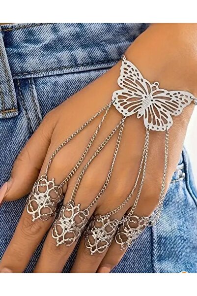 Silver Kelebek Desenli Bilezikli Yüzük Zinciri, Kaplamasız Alaşımdan Yapılmış Tek Parça El Zinciri Takı