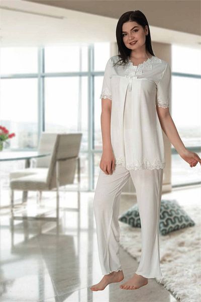 BLACKMORE Women's Ecru Lace Special Design Cotton Maternity Maternity Pajama Set