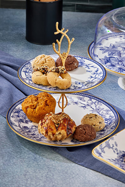 Mabeyn 4 Parça Mavi Beyaz Gold Pasta Servis Sunum Çeyiz Seti Mini Ayaklı Sunumluk