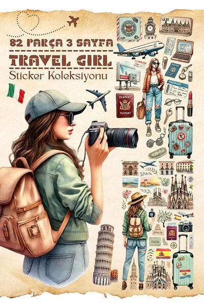 alışveriş kurdu Travel Girl Sticker Set 82 Pieces - Planner Agenda Scrapbook Bullet Journal Sticker Sticker Set