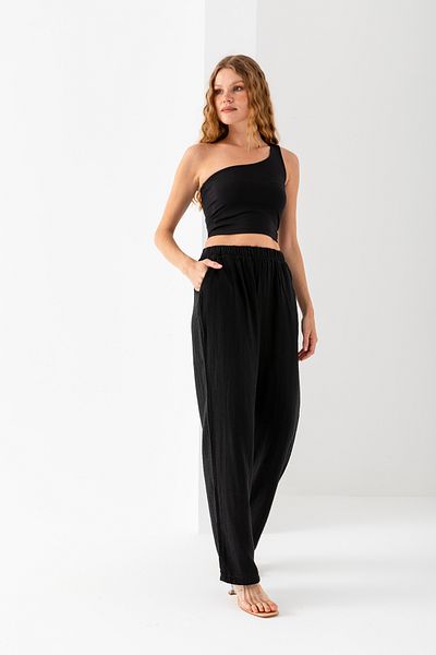 EtkiModa Women's 100% Cotton Black Wide Leg Muslin Trousers