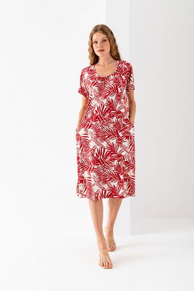 EtkiModa Women's Red and White Gathered Collar Side Pocket Viscose Combed Cotton Dress