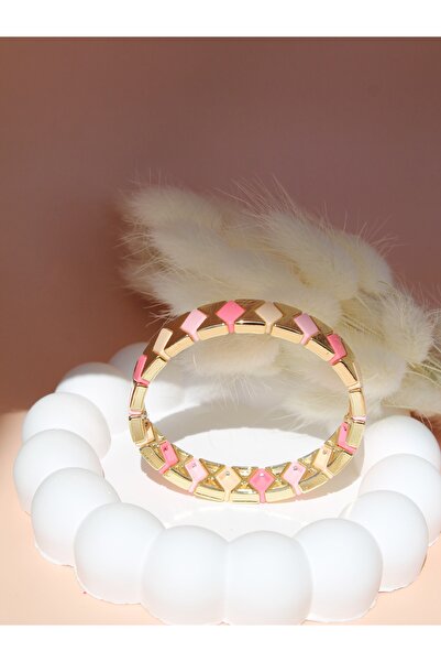 Luvix Design Pembe & Altın Seramik Kaplama Lastikli Bileklik