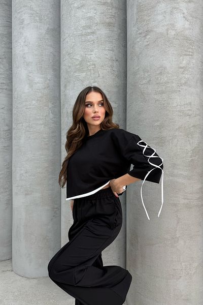 Bliss Set de trening pentru femei, negru, de jos, de sus, cu detaliu de dantelă, picior largi, croială relaxată