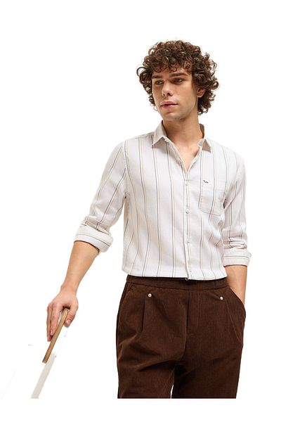 The Bear House Men's White with yellow & Blue Stripes Slim Fit Casual Shirt for Every Occasion